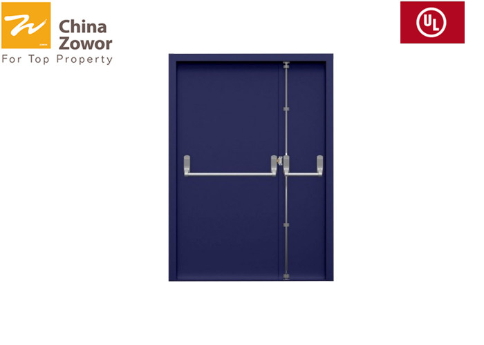 Grey steel fire safety door with push bar lock and fireproof glass