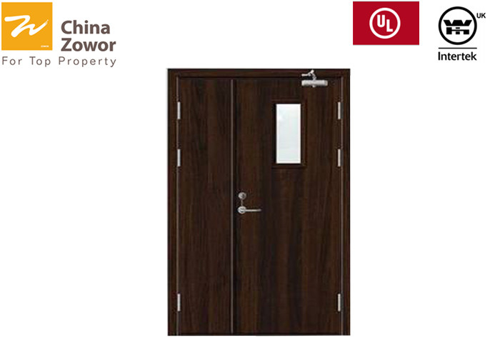 Mother And Son Fire Resistant Steel Doors With Vision Panel Walnut Grain Finish